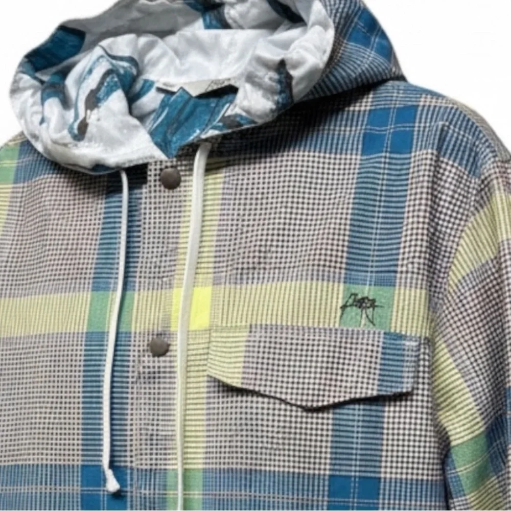 Kirra Men’s Lightweight Hooded Plaid Windbreaker Jacket Large Snap Front Lined